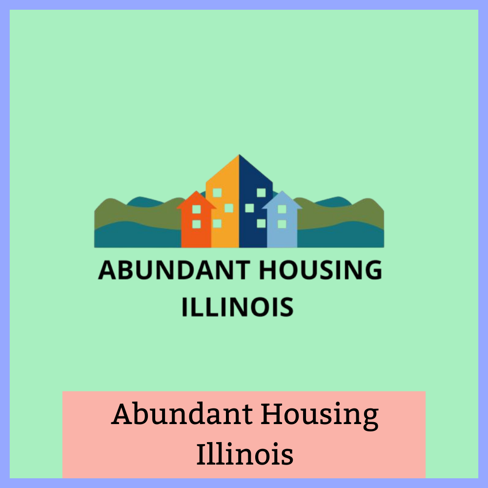 Logo for Abundant Housing Illinois featuring colorful houses and mountains on a light green background.