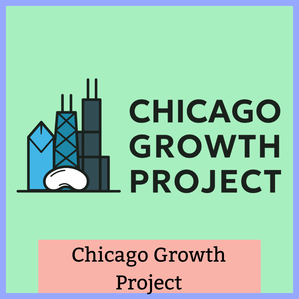 Logo for the Chicago Growth Project featuring iconic Chicago skyscrapers and the Chicago Bean against a green background.