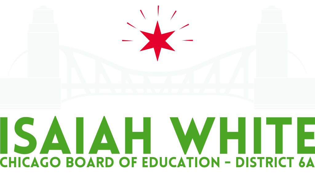 Logo of Isaiah White for the Chicago Board of Education, featuring a bridge design and a star.