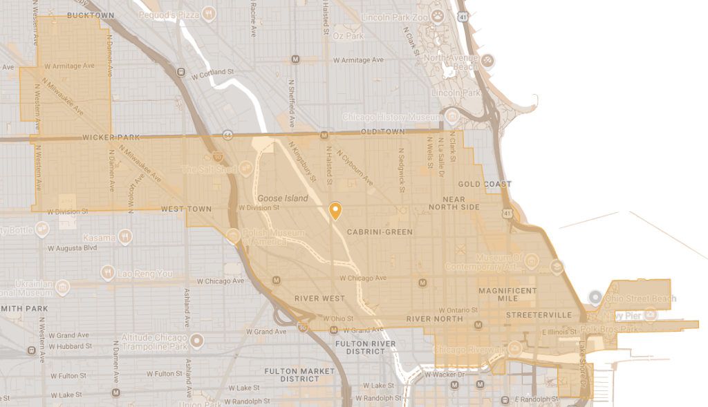 Map highlighting neighborhoods in Chicago, including Wicker Park, West Town, and Cabrini-Green.