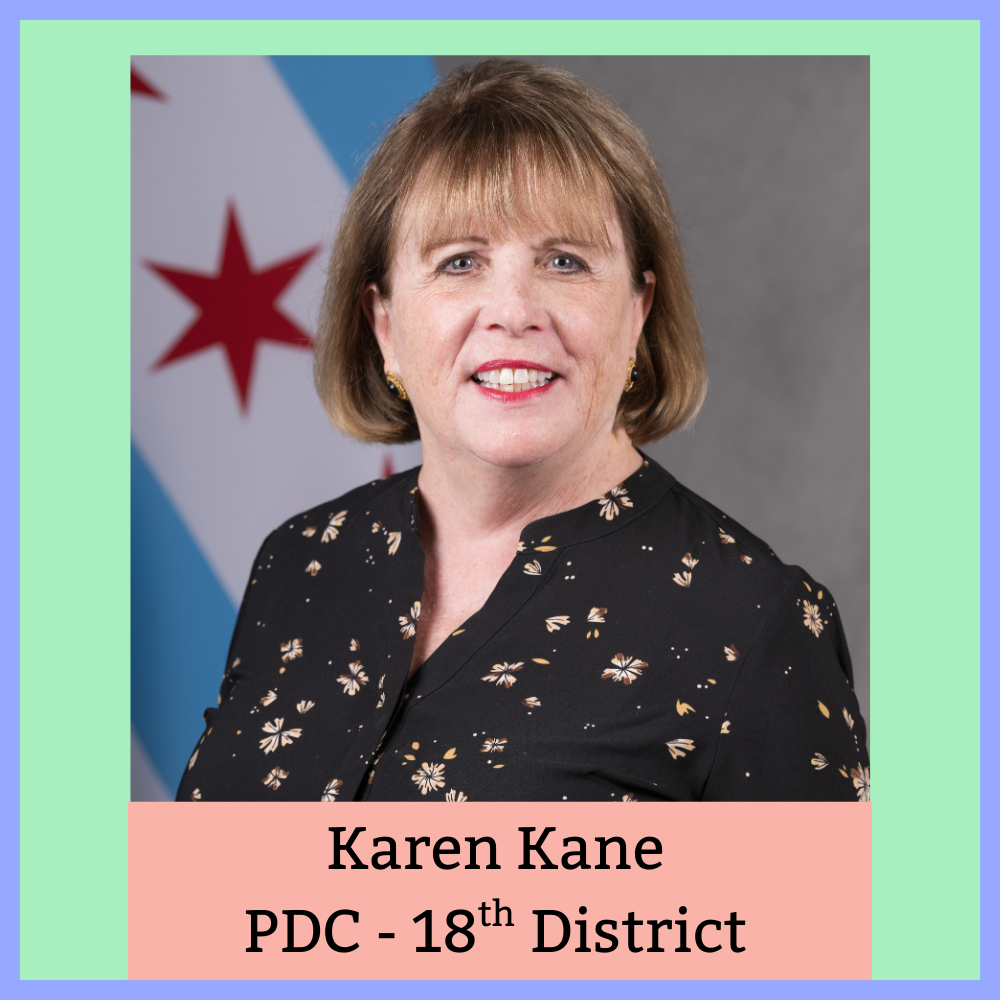 Portrait of Karen Kane, PDC - 18th District, wearing a black floral blouse against a backdrop featuring the Chicago flag.