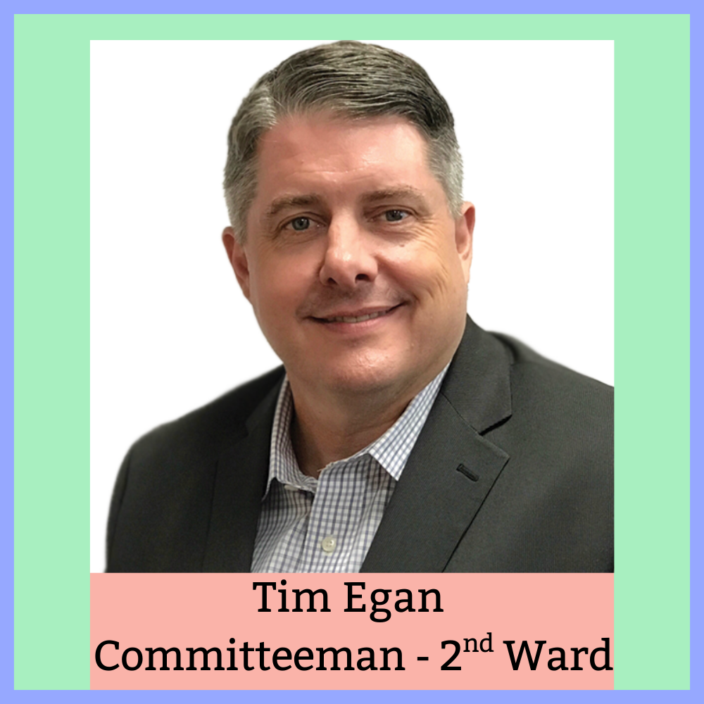 A professional headshot of Tim Egan, a committee member for the 2nd Ward, smiling and wearing a suit against a colorful background.